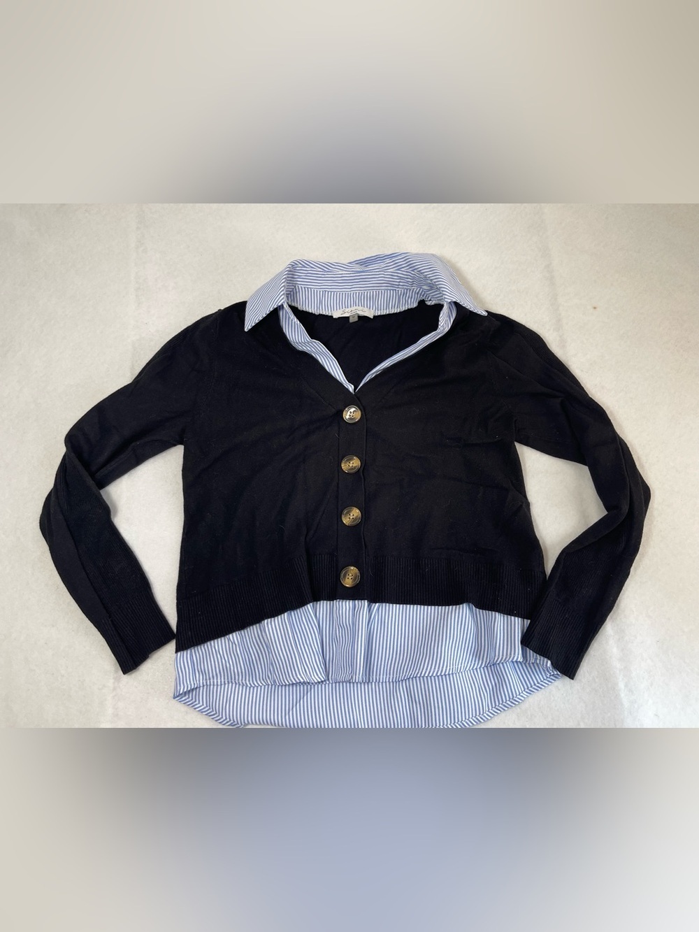 Sioni Milano Women’s M Layered Cardigan Shirt Black Blue Stripe Preppy Sweater - Picture 2 of 7
